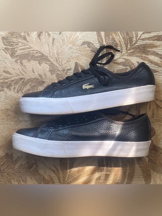 Lacoste Shoes - Lacoste Black Leather Low-Top Sneakers with White Soles and Gold Logo Womens 8
